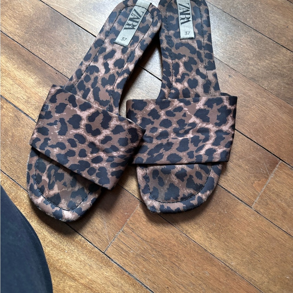 Zara Brown and Black Sandals with Leopard Print Design